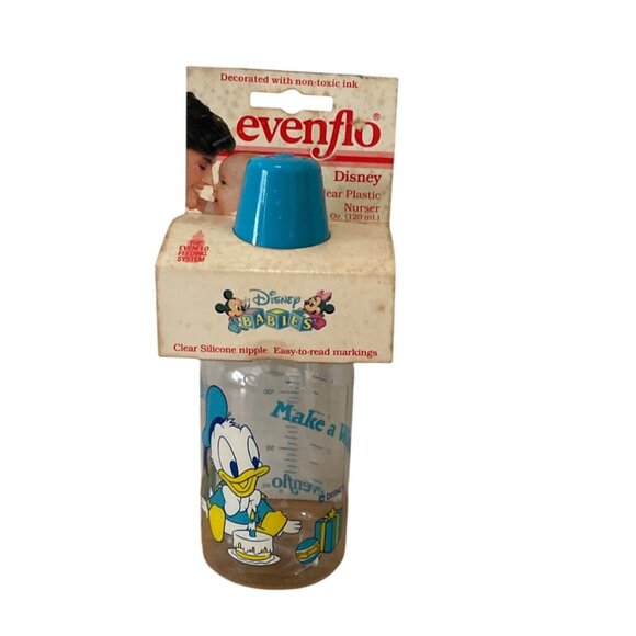 Vtg Evenflo Disney Babies Donald Duck Nursery Bottle 4 Oz Clear Plastic w Cap - Picture 1 of 7